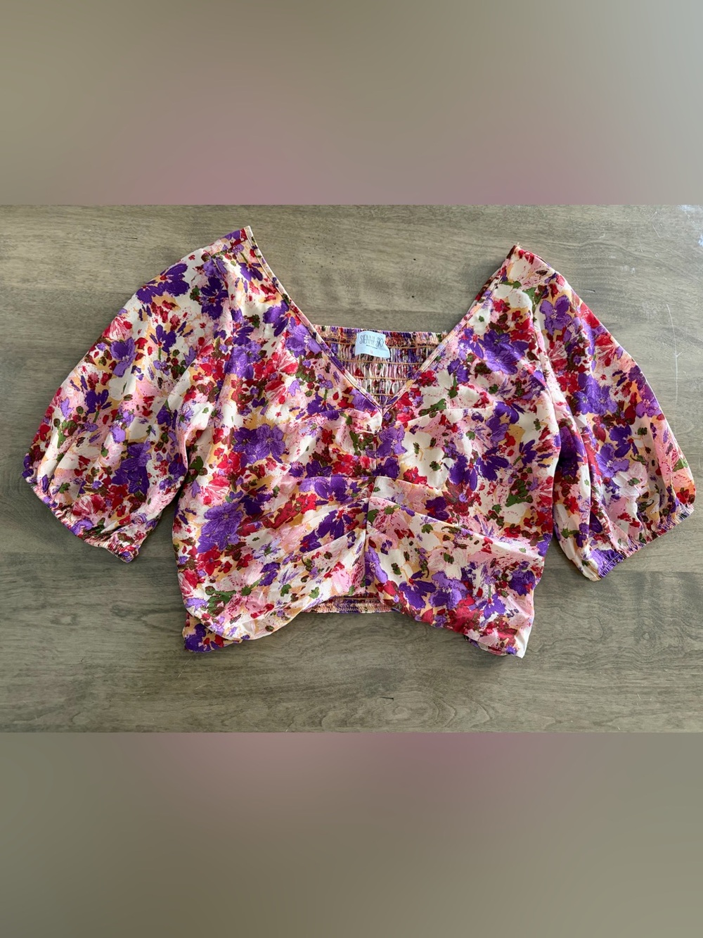 Sienna Sky Floral V-Neck Cropped Top with Purple Accents
